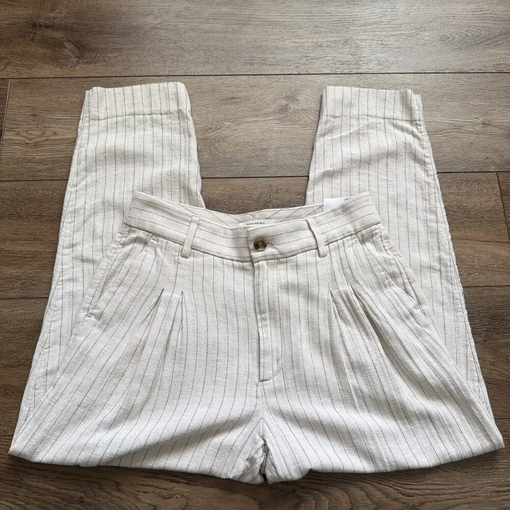 Banana Republic Factory Linen-Blend Pants Women 6 Beige Striped Pleated Academia
